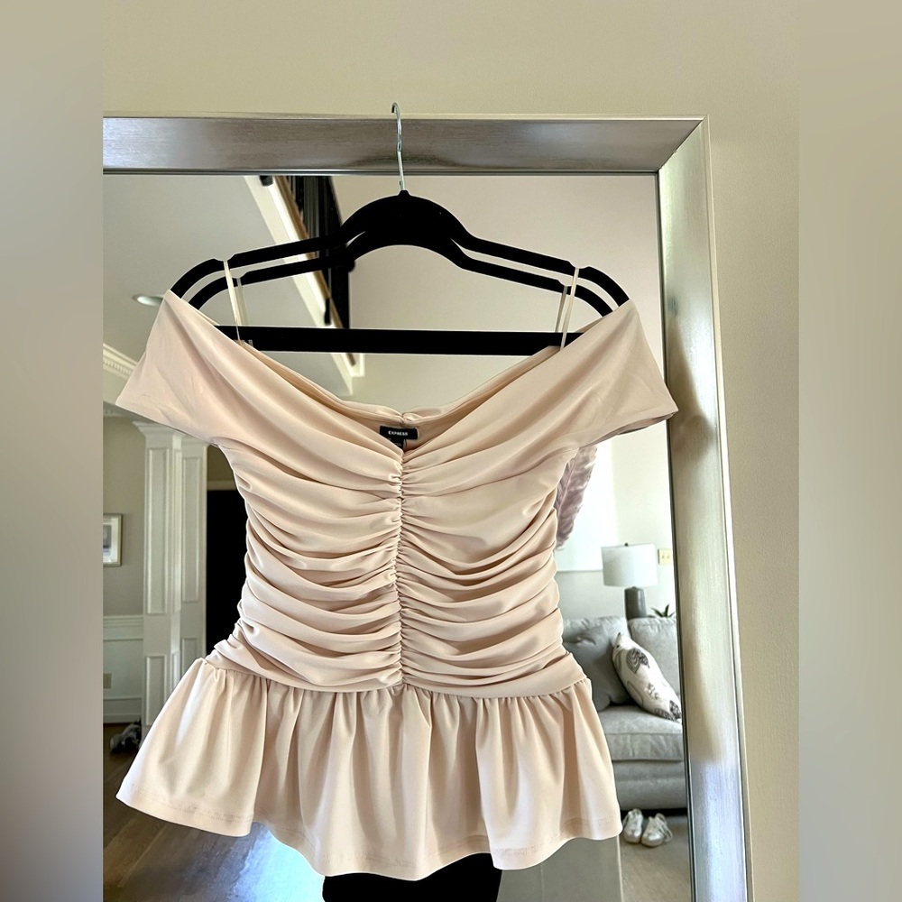 Elegant Cream Off-Shoulder Ruched Top by Express